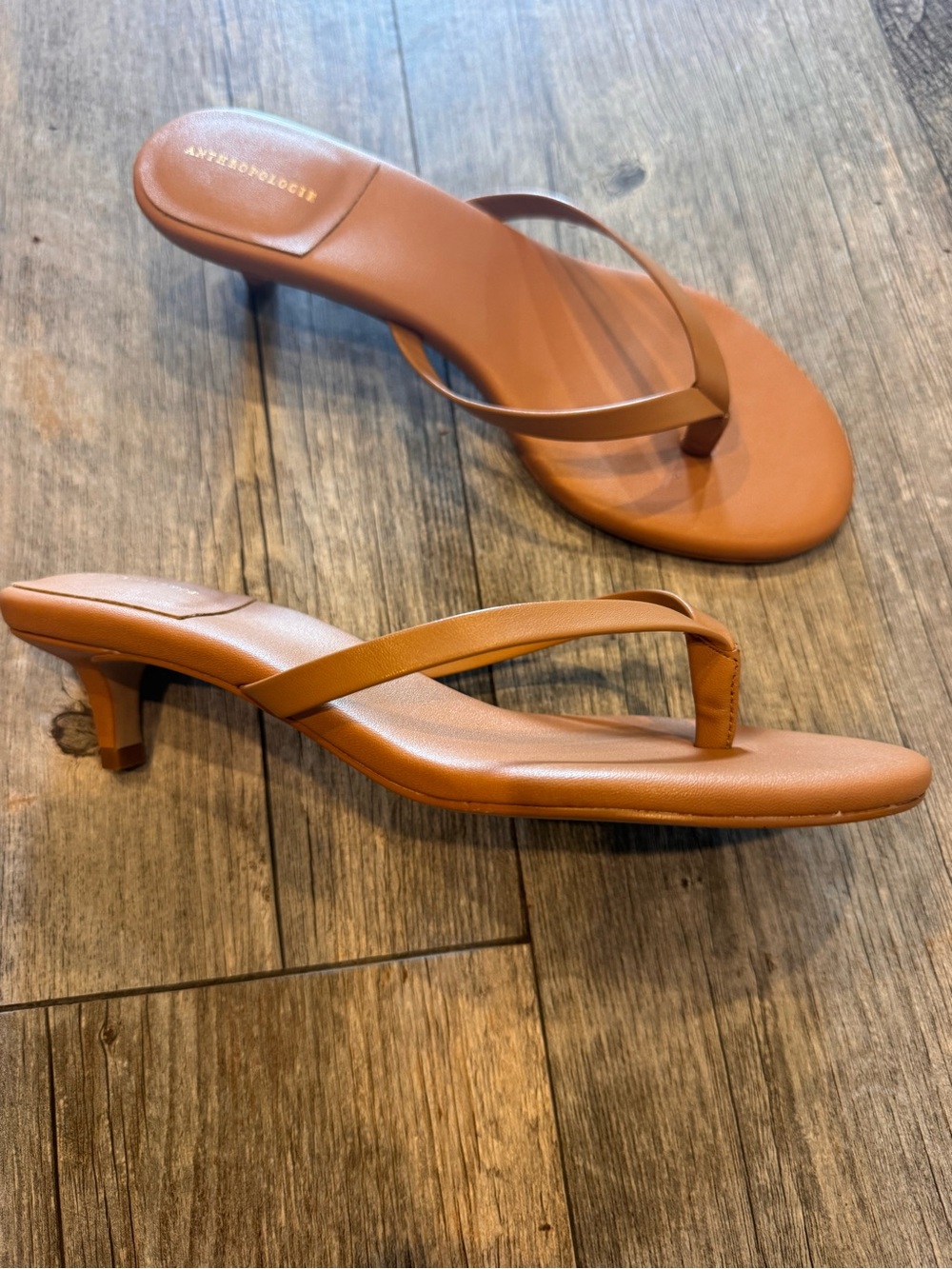 Anthropologie Cognac Leather Kitten Heel Thong Sandals